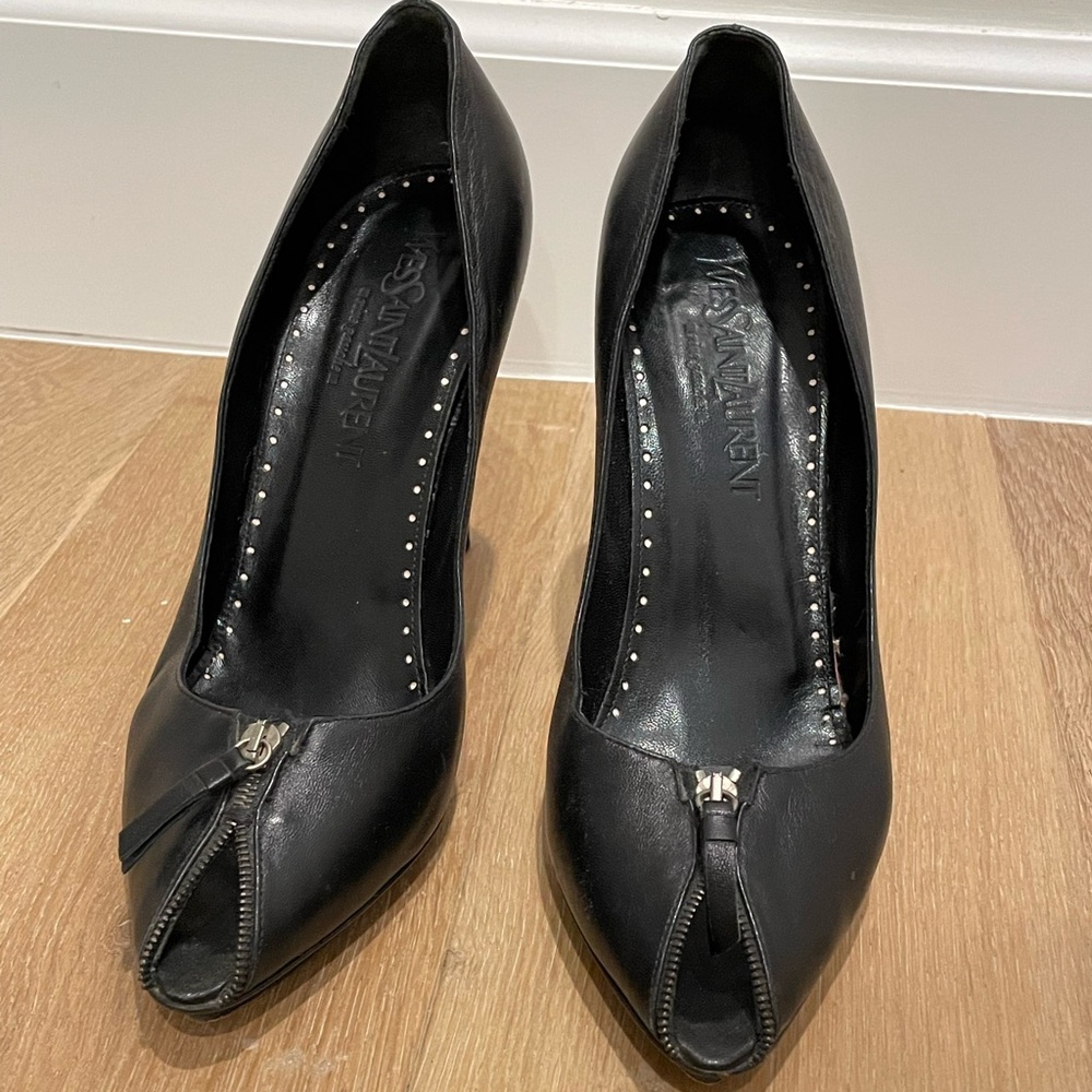 YSL Black Leather Pumps with Zipper Detail